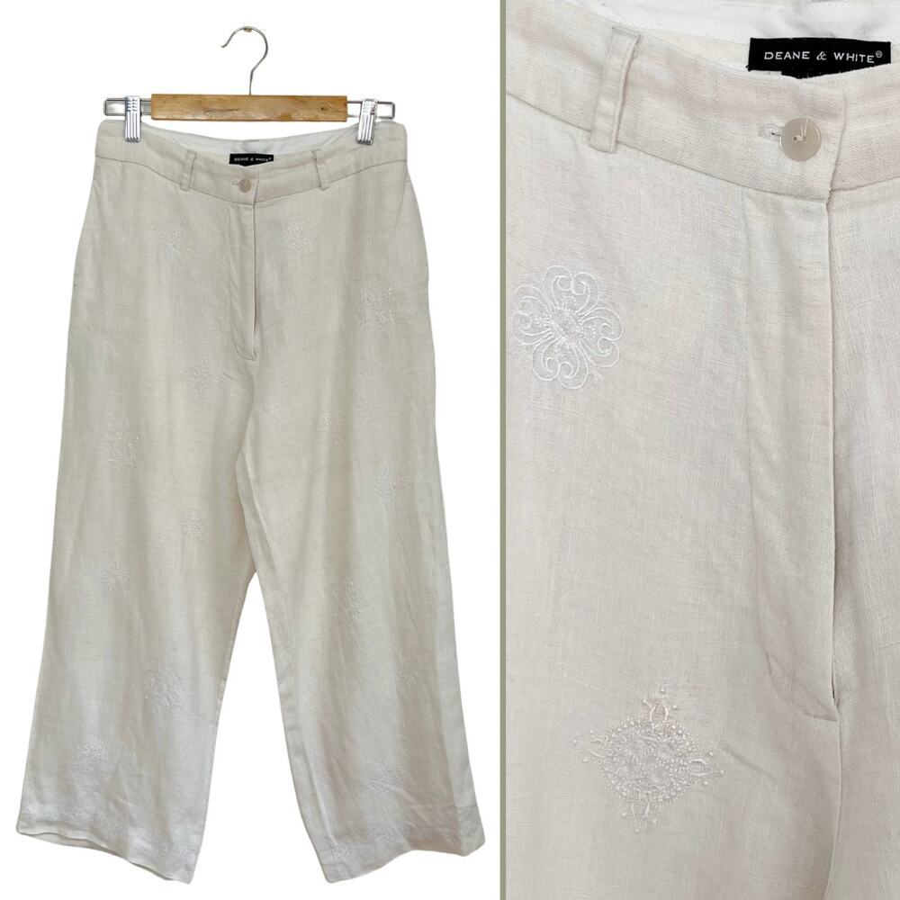 Vintage Y2K Deane & White Linen Wide-Leg Embroidered Pants 8 Cottagecore